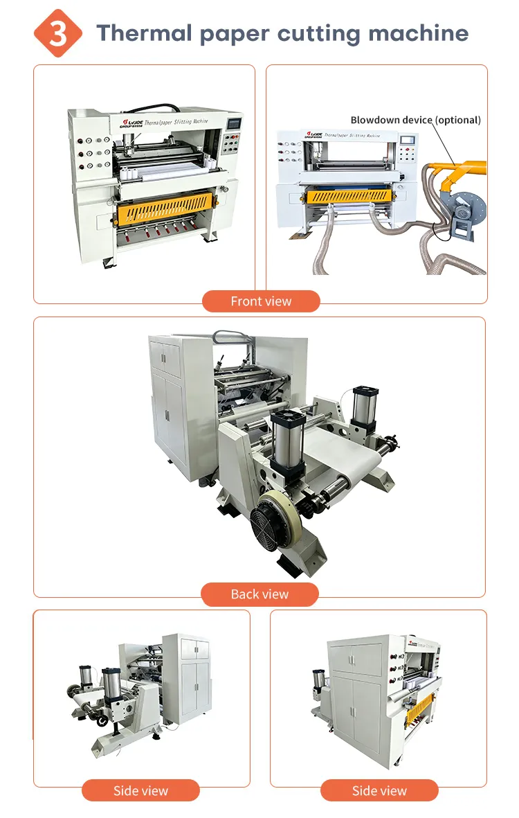 thermal paper slitting machine front back side view with optional blowdown device