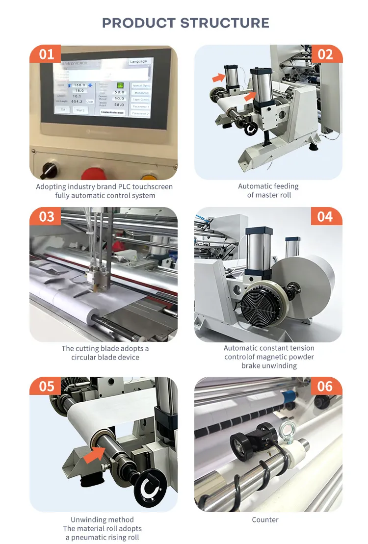 thermal paper slitter structure PLC touchscreen automatic feeding circular blade magnetic tension control pneumatic shaft counter